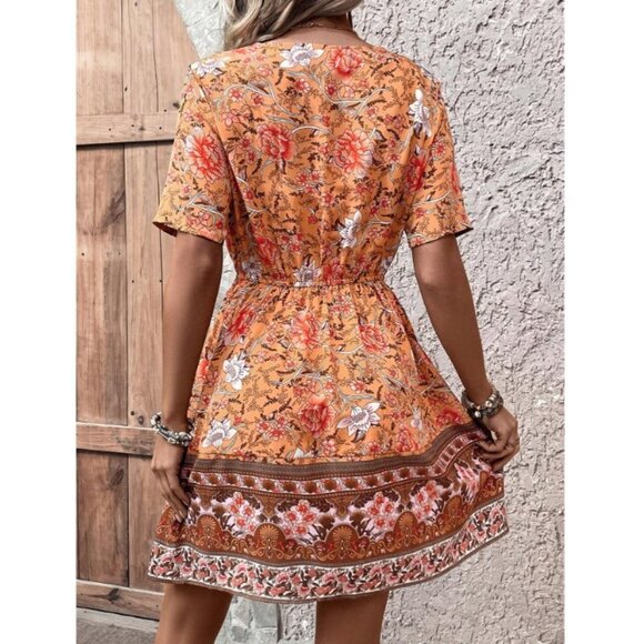 🩵 boho gypsy paisley print floral short sleeve v neck mini dress blue - Picture 3 of 3
